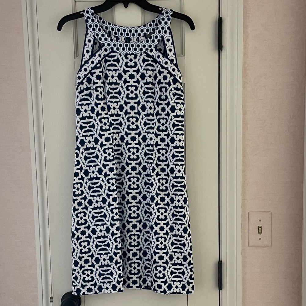 Gretchen Scott Designs Navy and White Geometric Midi Dress